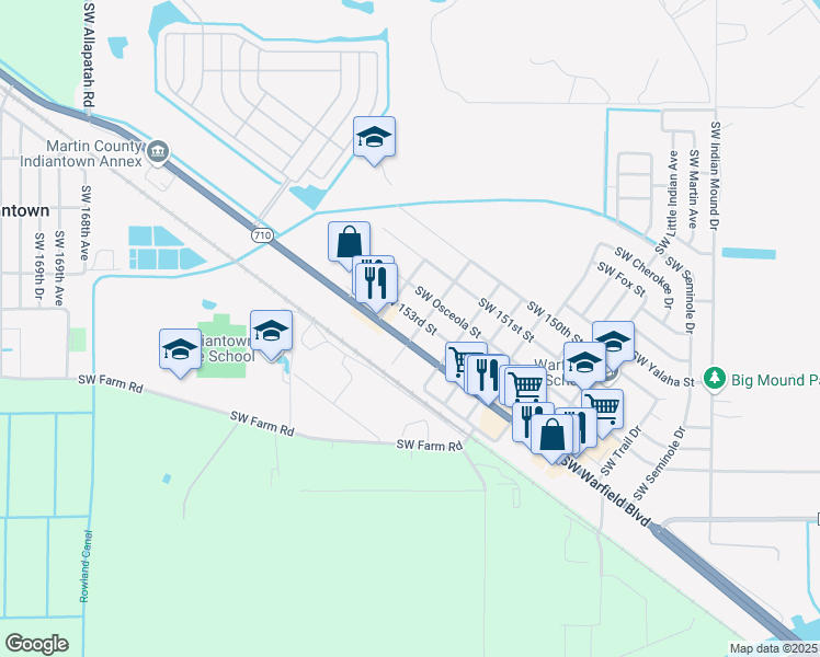 map of restaurants, bars, coffee shops, grocery stores, and more near 15885 Warfield Highway in Indiantown