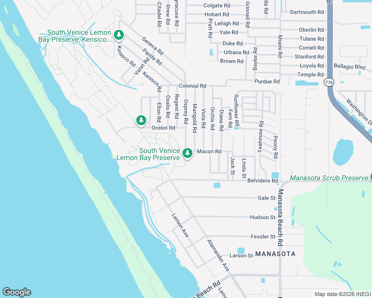 map of restaurants, bars, coffee shops, grocery stores, and more near 6055 Osprey Road in Venice