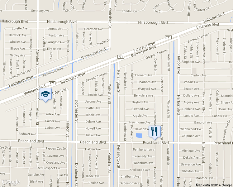 map of restaurants, bars, coffee shops, grocery stores, and more near 303 Kensington Street in Port Charlotte