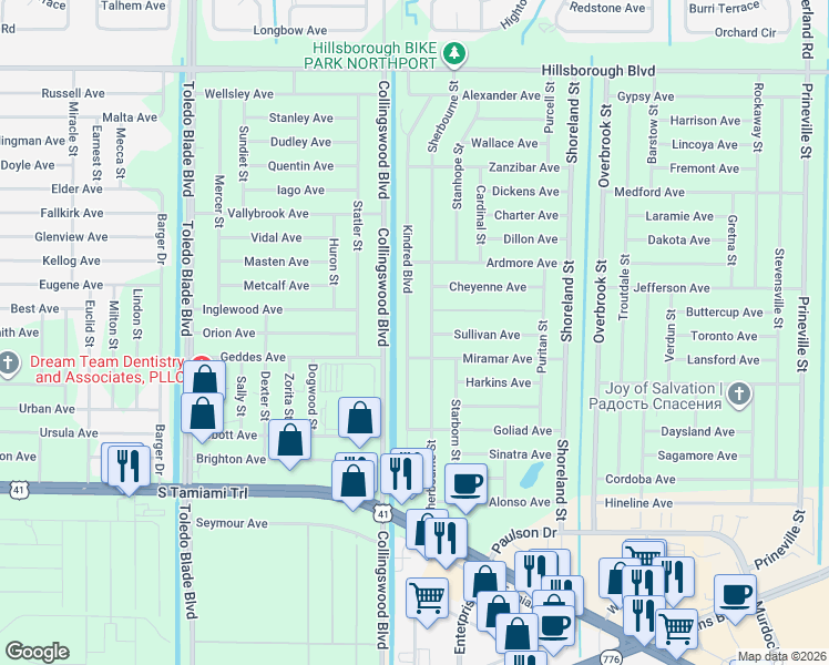 map of restaurants, bars, coffee shops, grocery stores, and more near 326 Kindred Boulevard in Port Charlotte