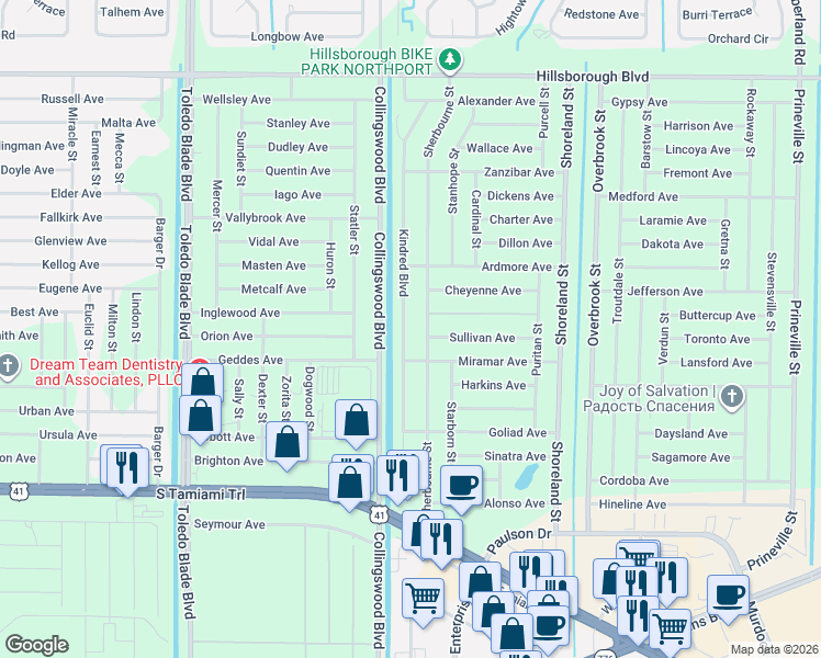 map of restaurants, bars, coffee shops, grocery stores, and more near 326 Kindred Boulevard in Port Charlotte