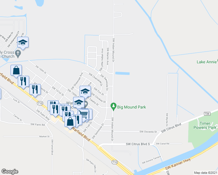 map of restaurants, bars, coffee shops, grocery stores, and more near 14955 SW Seminole Dr in Indiantown
