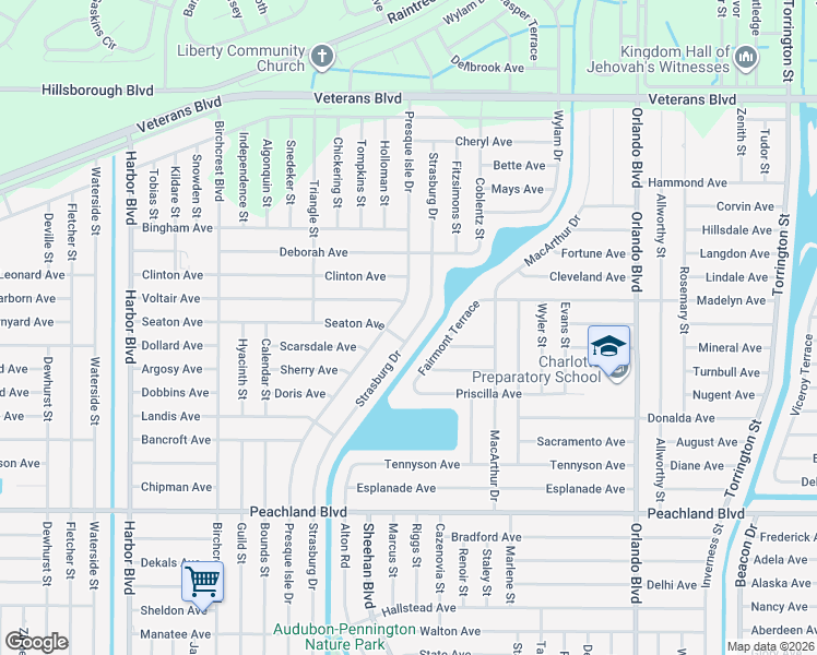 map of restaurants, bars, coffee shops, grocery stores, and more near 317 Strasburg Drive in Port Charlotte