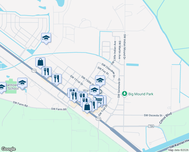 map of restaurants, bars, coffee shops, grocery stores, and more near 14962 Southwest Johnston Avenue in Indiantown