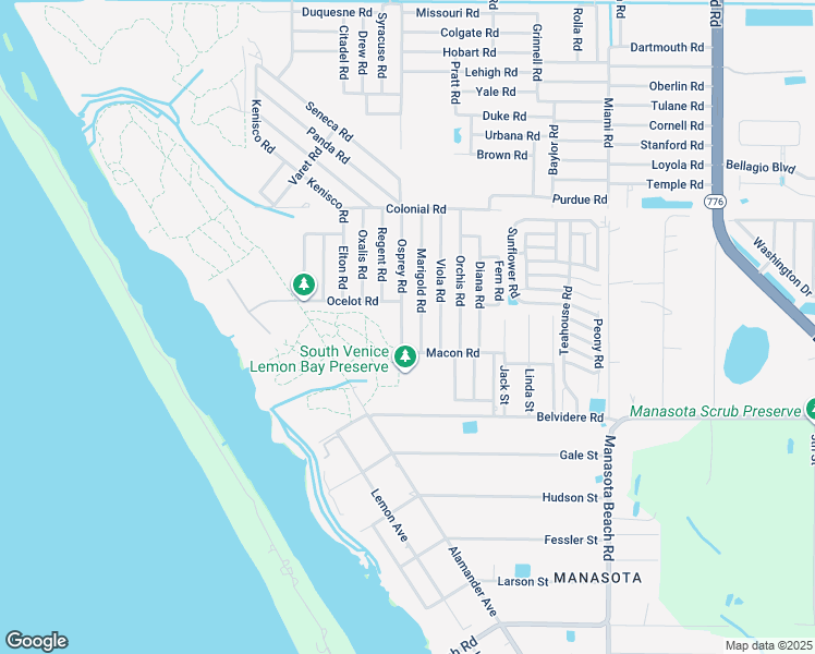 map of restaurants, bars, coffee shops, grocery stores, and more near 6055 Osprey Road in Venice