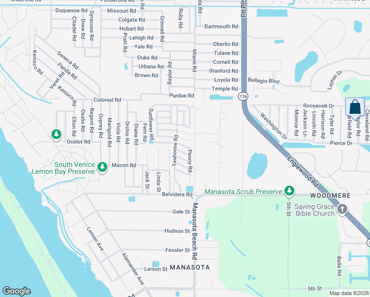 map of restaurants, bars, coffee shops, grocery stores, and more near 5981 Peony Road in Venice