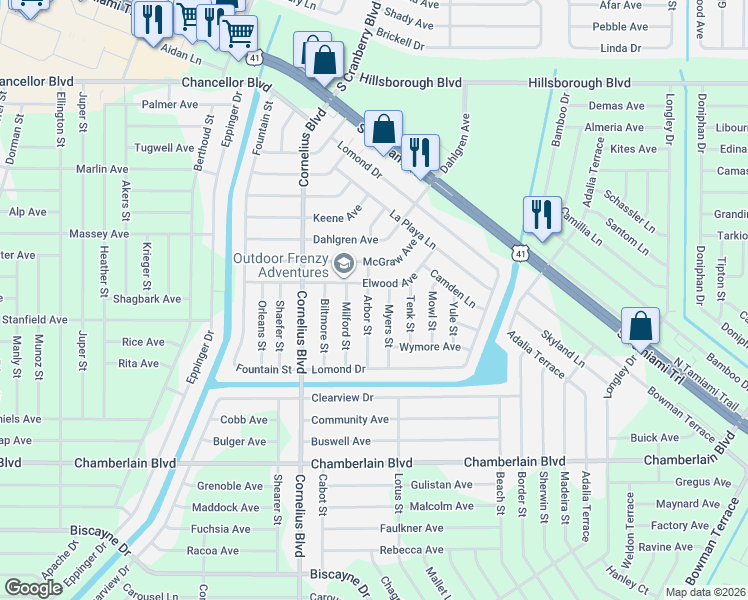 map of restaurants, bars, coffee shops, grocery stores, and more near 319 Myers Street in Port Charlotte