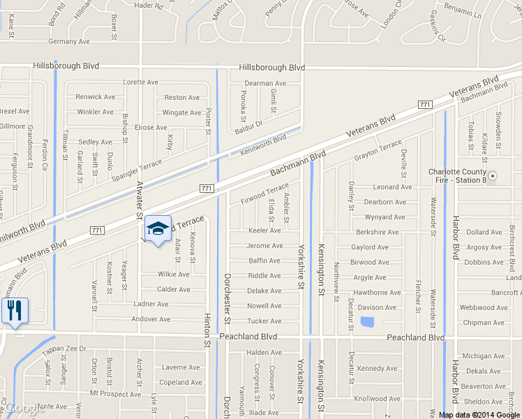 map of restaurants, bars, coffee shops, grocery stores, and more near 303 Elida Street in Port Charlotte