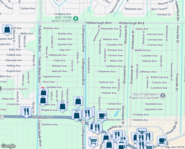 map of restaurants, bars, coffee shops, grocery stores, and more near 270 Kindred Boulevard in Port Charlotte