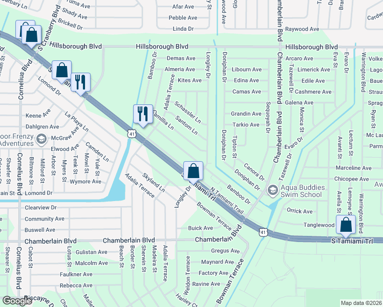 map of restaurants, bars, coffee shops, grocery stores, and more near 366 Bamboo Drive in Port Charlotte