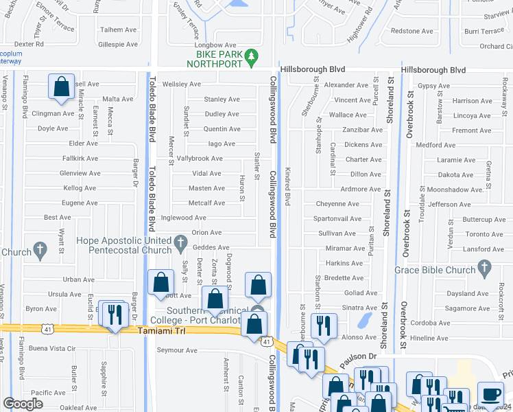 map of restaurants, bars, coffee shops, grocery stores, and more near 265 Collingswood Boulevard in Port Charlotte