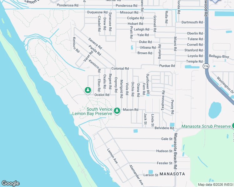map of restaurants, bars, coffee shops, grocery stores, and more near 5965 Osprey Road in Venice