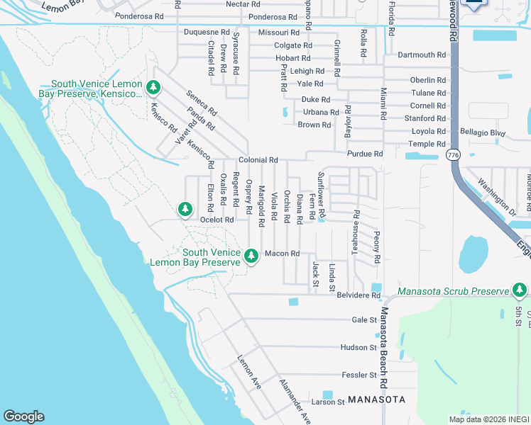 map of restaurants, bars, coffee shops, grocery stores, and more near 5965 Osprey Road in Venice