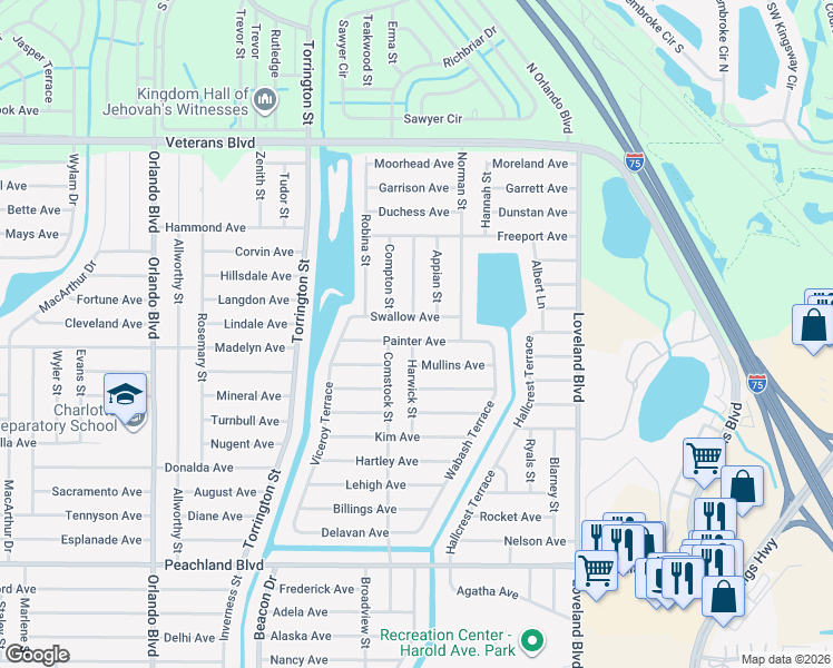map of restaurants, bars, coffee shops, grocery stores, and more near 23332 Painter Avenue in Port Charlotte