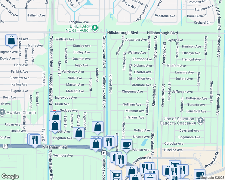 map of restaurants, bars, coffee shops, grocery stores, and more near 270 Kindred Boulevard in Port Charlotte