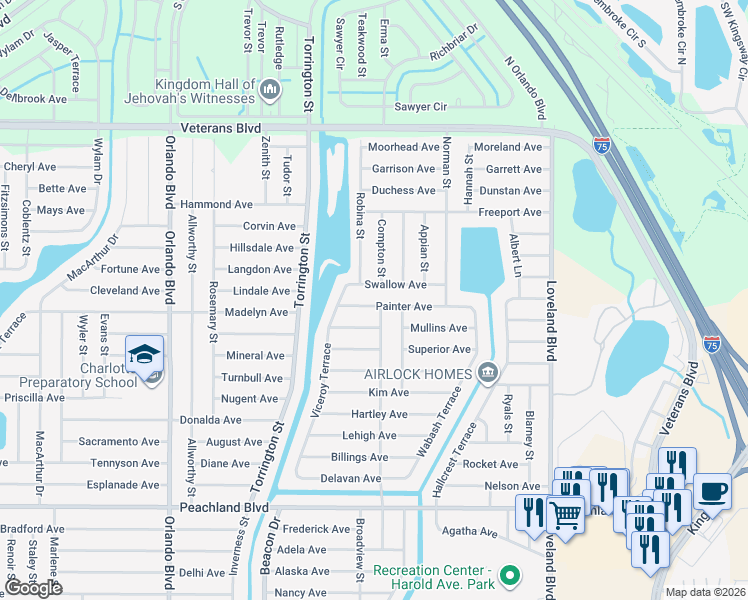 map of restaurants, bars, coffee shops, grocery stores, and more near 23300 Painter Avenue in Port Charlotte