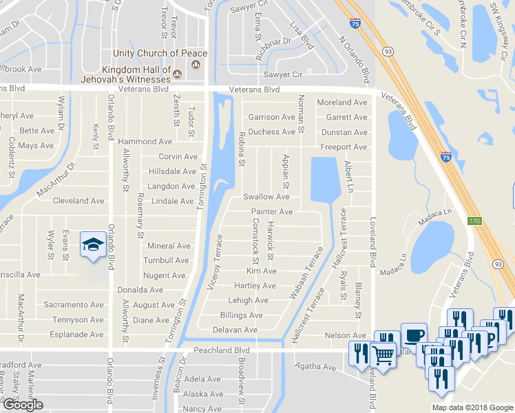 map of restaurants, bars, coffee shops, grocery stores, and more near 23300 Painter Avenue in Port Charlotte