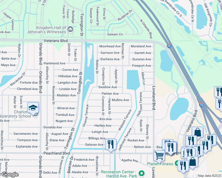 map of restaurants, bars, coffee shops, grocery stores, and more near 23333 Swallow Avenue in Port Charlotte