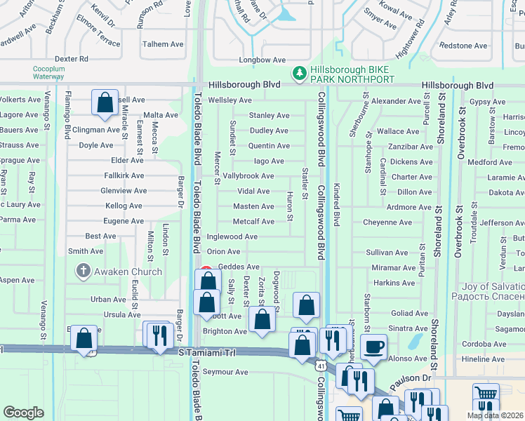 map of restaurants, bars, coffee shops, grocery stores, and more near 17422 Metcalf Avenue in Port Charlotte