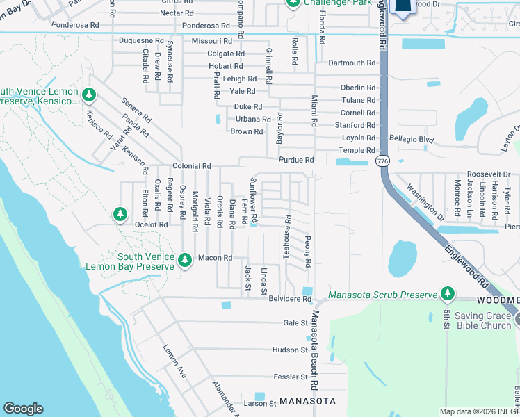 map of restaurants, bars, coffee shops, grocery stores, and more near 5840 Forsythia Road in Venice