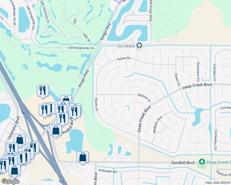 map of restaurants, bars, coffee shops, grocery stores, and more near 25099 Bolivar Drive in Punta Gorda