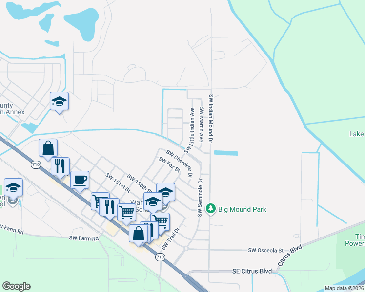 map of restaurants, bars, coffee shops, grocery stores, and more near 14729 Southwest Sandy Oaks Loop in Indiantown