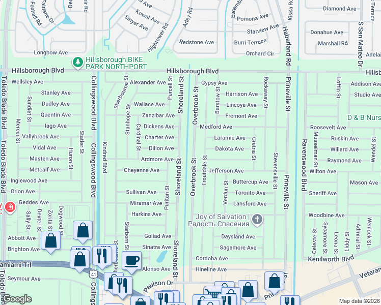 map of restaurants, bars, coffee shops, grocery stores, and more near 206 Overbrook Street in Port Charlotte