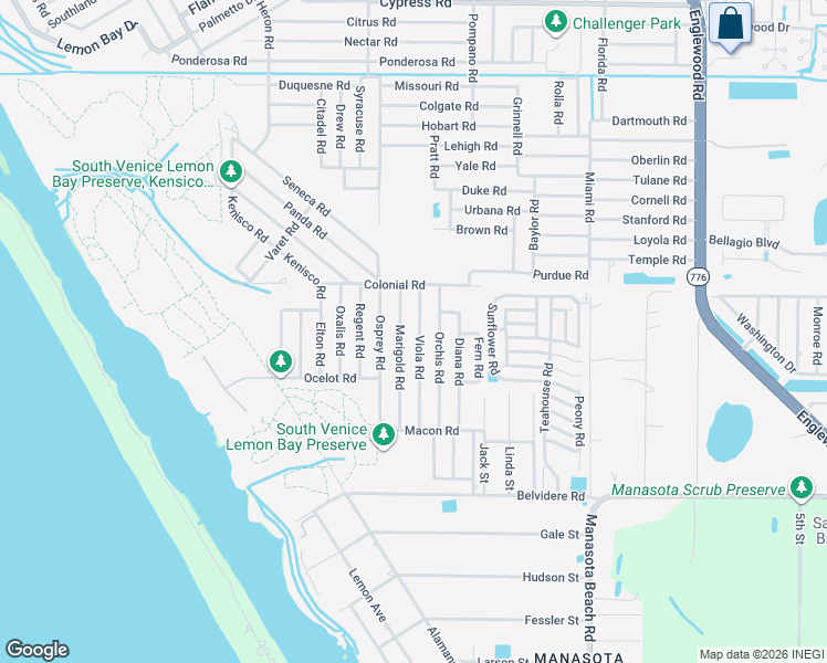 map of restaurants, bars, coffee shops, grocery stores, and more near 5841 Viola Road in Venice