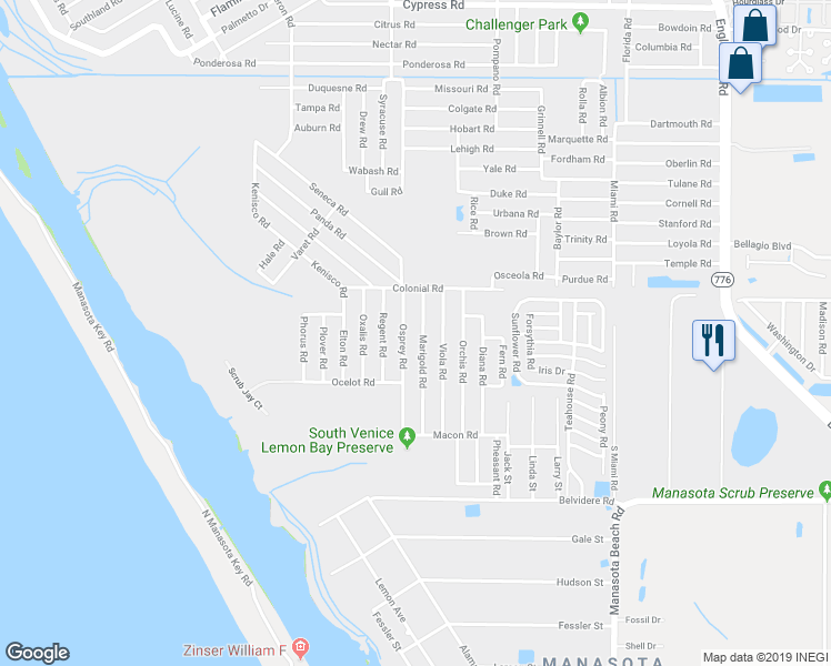 map of restaurants, bars, coffee shops, grocery stores, and more near 5841 Osprey Road in Venice
