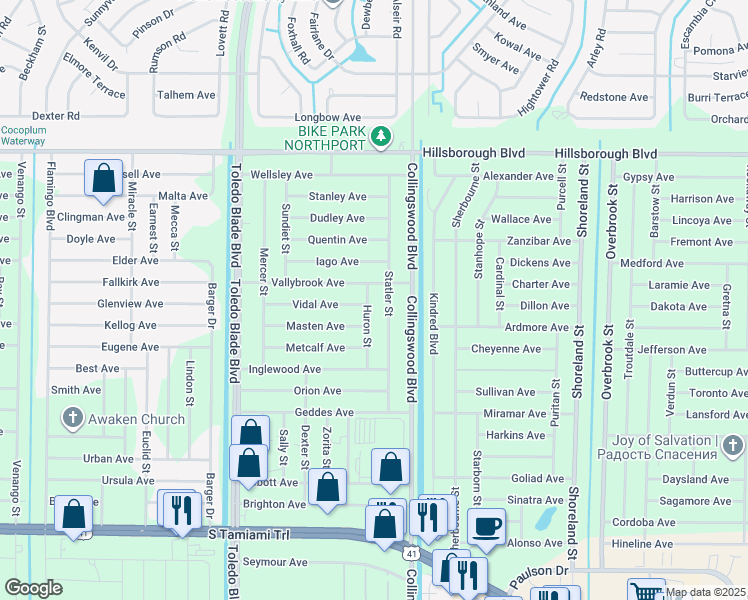 map of restaurants, bars, coffee shops, grocery stores, and more near 208 Huron Street in Port Charlotte