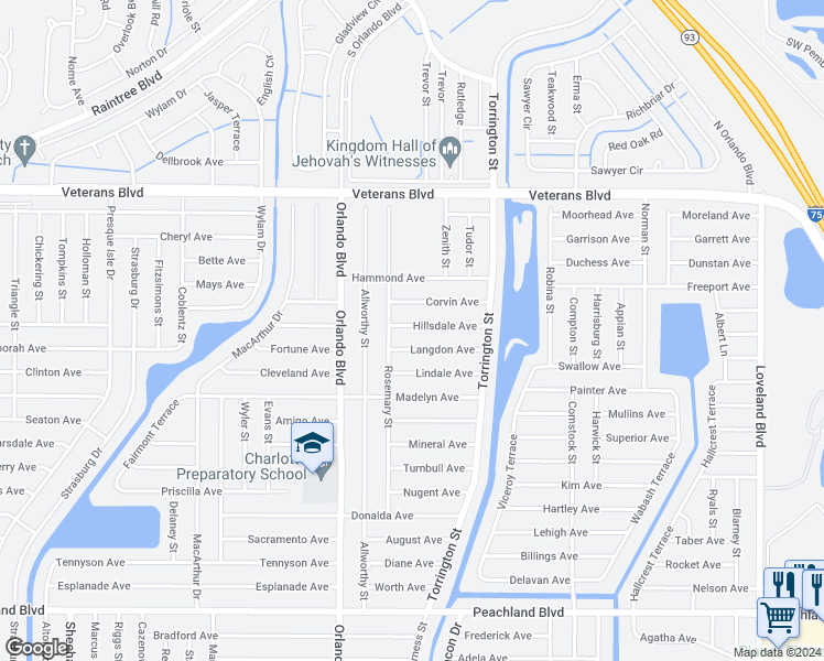 map of restaurants, bars, coffee shops, grocery stores, and more near 23093 Hillsdale Avenue in Port Charlotte