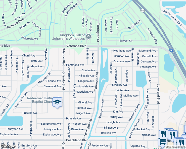 map of restaurants, bars, coffee shops, grocery stores, and more near 23141 Hillsdale Avenue in Port Charlotte