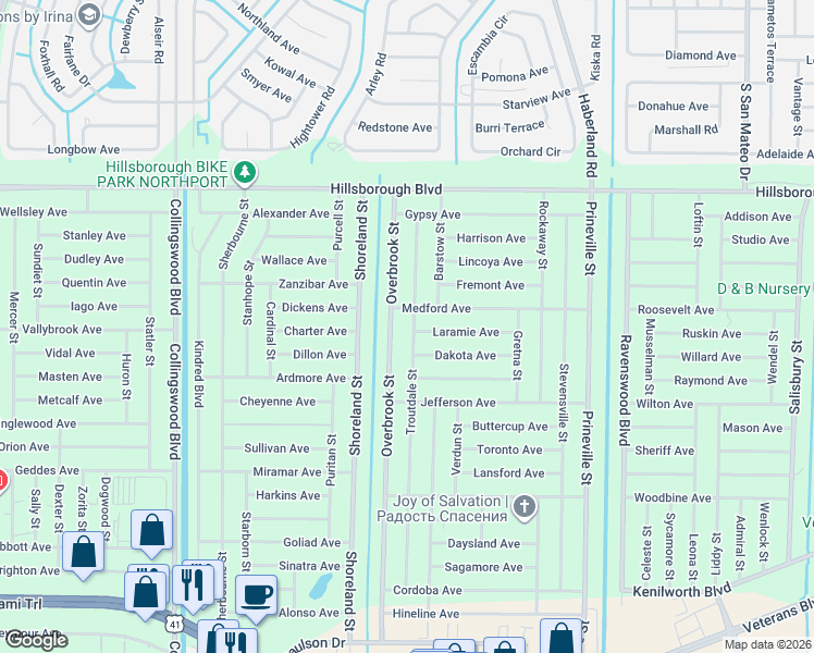 map of restaurants, bars, coffee shops, grocery stores, and more near 156 Overbrook Street in Port Charlotte