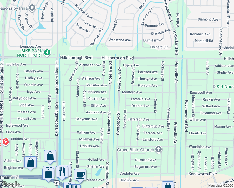 map of restaurants, bars, coffee shops, grocery stores, and more near 156 Overbrook Street in Port Charlotte