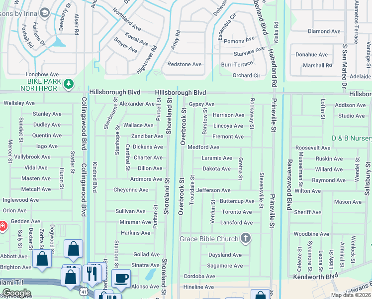 map of restaurants, bars, coffee shops, grocery stores, and more near 156 Overbrook Street in Port Charlotte