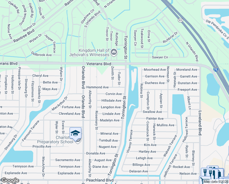 map of restaurants, bars, coffee shops, grocery stores, and more near 23140 Corvin Avenue in Port Charlotte