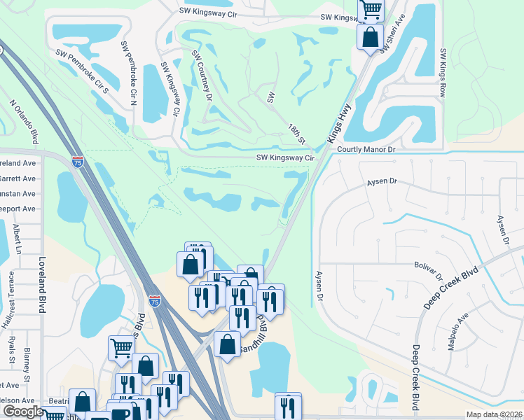 map of restaurants, bars, coffee shops, grocery stores, and more near 175 Kings Highway in Port Charlotte