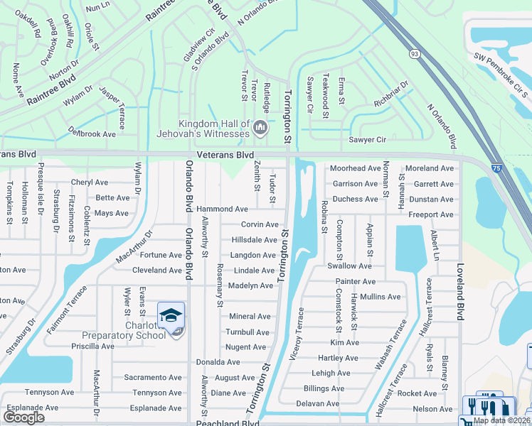 map of restaurants, bars, coffee shops, grocery stores, and more near 23140 Corvin Avenue in Port Charlotte