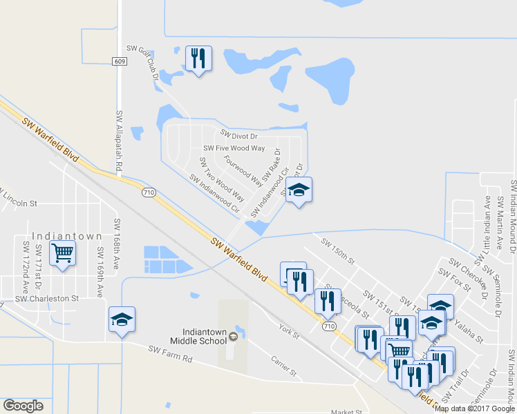 map of restaurants, bars, coffee shops, grocery stores, and more near 16088 Southwest Indianwood Circle in Indiantown