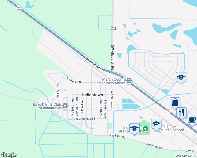 map of restaurants, bars, coffee shops, grocery stores, and more near 17000 Southwest Railroad Avenue in Indiantown
