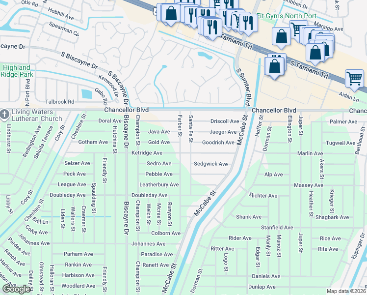 map of restaurants, bars, coffee shops, grocery stores, and more near 104 Farber Street in Port Charlotte