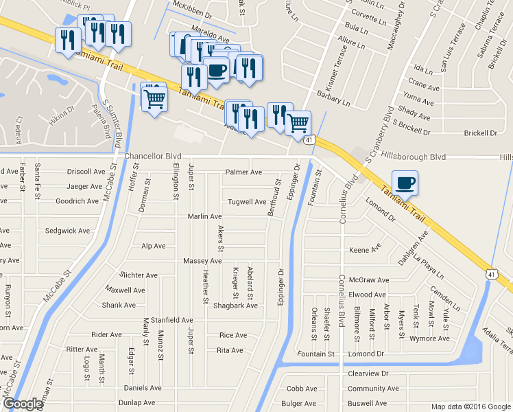 map of restaurants, bars, coffee shops, grocery stores, and more near 14363 Tugwell Avenue in Port Charlotte