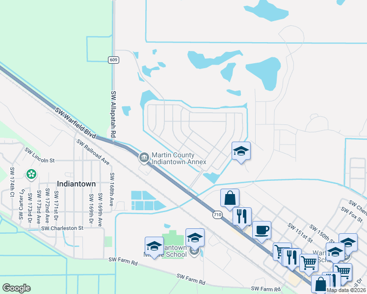 map of restaurants, bars, coffee shops, grocery stores, and more near 16341 Southwest Indianwood Circle in Indiantown