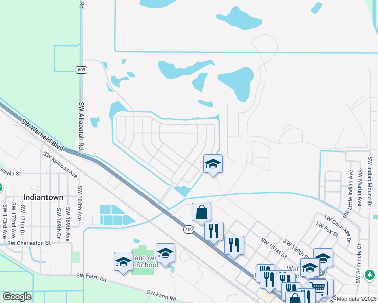 map of restaurants, bars, coffee shops, grocery stores, and more near 16162 Southwest Five Wood Way in Indiantown