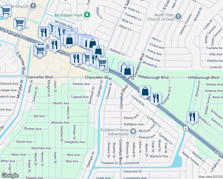 map of restaurants, bars, coffee shops, grocery stores, and more near 61 Shade Street in Port Charlotte