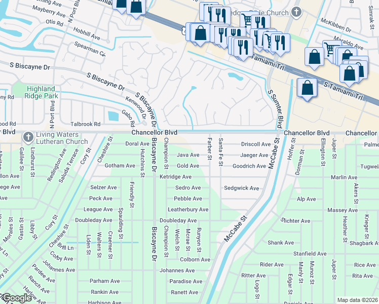 map of restaurants, bars, coffee shops, grocery stores, and more near 13366 Java Avenue in Port Charlotte