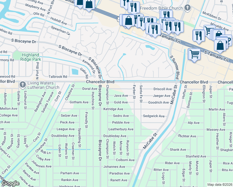 map of restaurants, bars, coffee shops, grocery stores, and more near 13366 Java Avenue in Port Charlotte