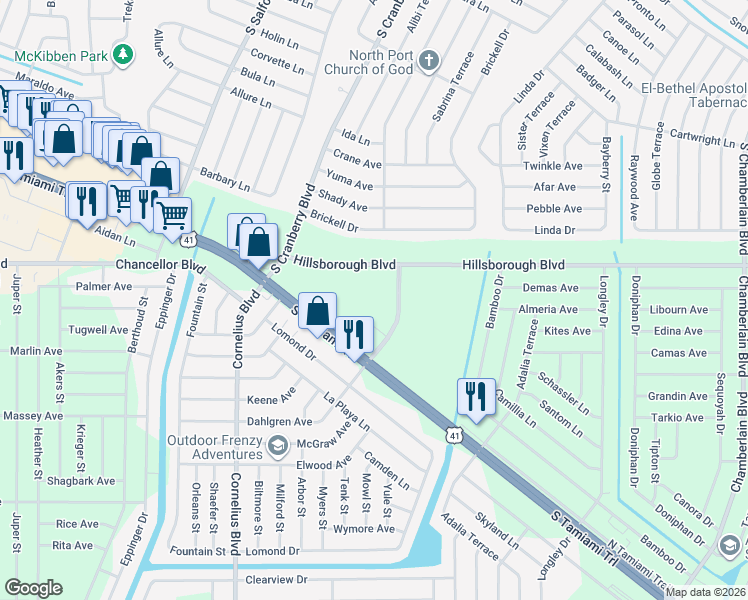 map of restaurants, bars, coffee shops, grocery stores, and more near Hillsborough Boulevard in Port Charlotte