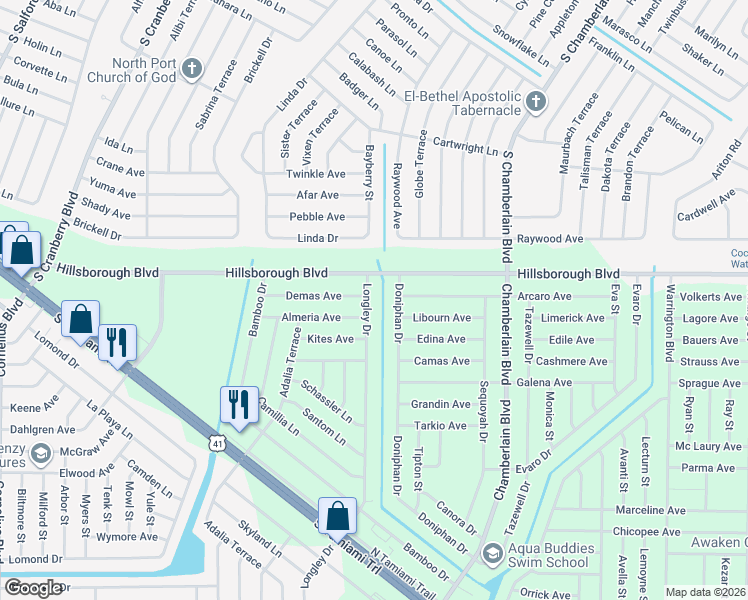 map of restaurants, bars, coffee shops, grocery stores, and more near 37 Longley Drive in Port Charlotte