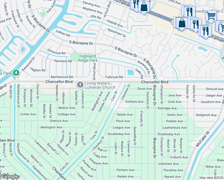 map of restaurants, bars, coffee shops, grocery stores, and more near 71 Cory Street in Port Charlotte